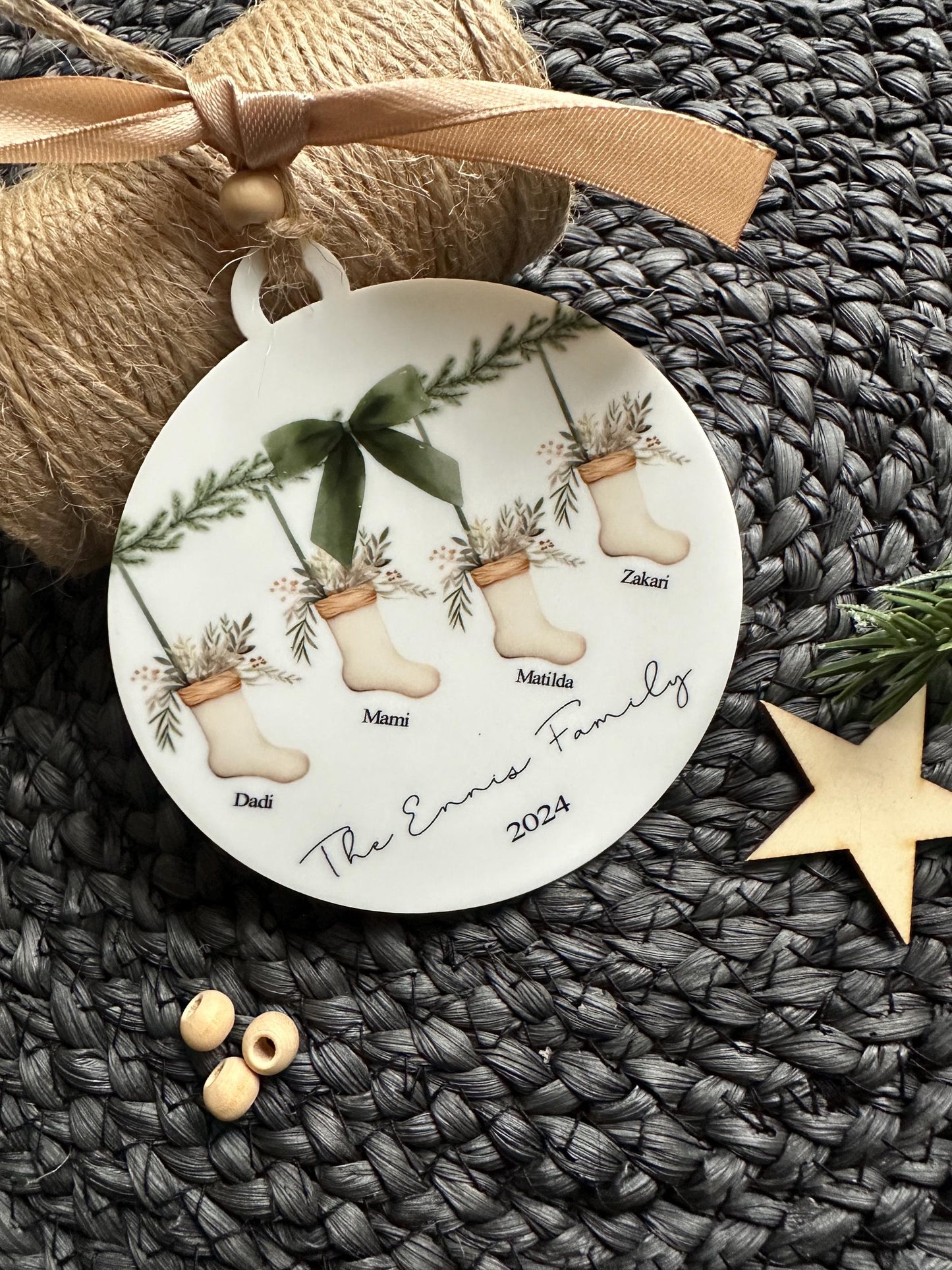 Personalised Family Christmas Tree Decoration - Stocking Design, Matching Card available