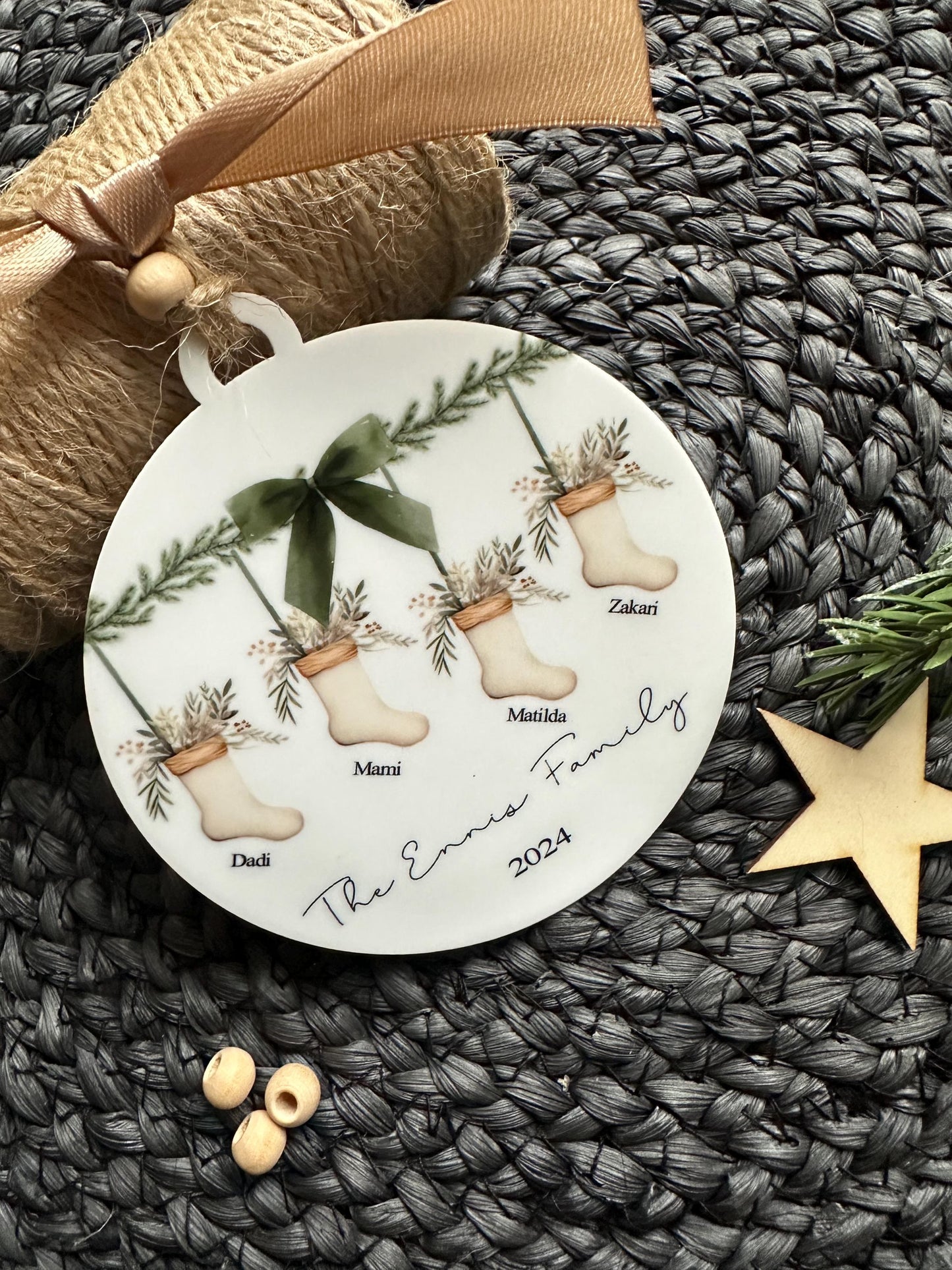 Personalised Family Christmas Tree Decoration - Stocking Design, Matching Card available