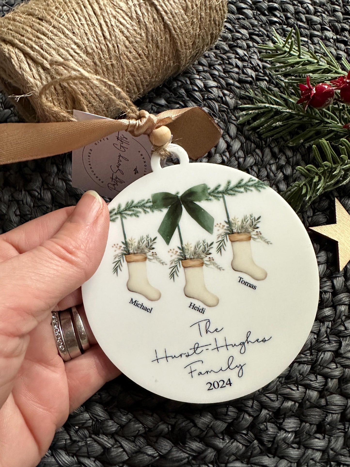 Personalised Family Christmas Tree Decoration - Stocking Design, Matching Card available