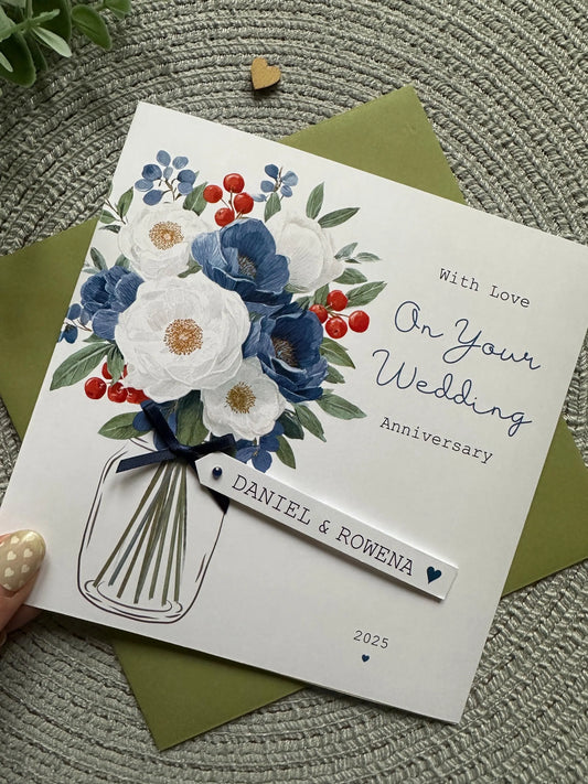 Personalised Anniversary Card, Handmade Floral Wedding Anniversary For Mum Dad Grandparents Friends, Any Years