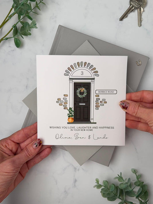 Personalised Handmade New Home card - Front Door and Address - Congratulations and Good Luck