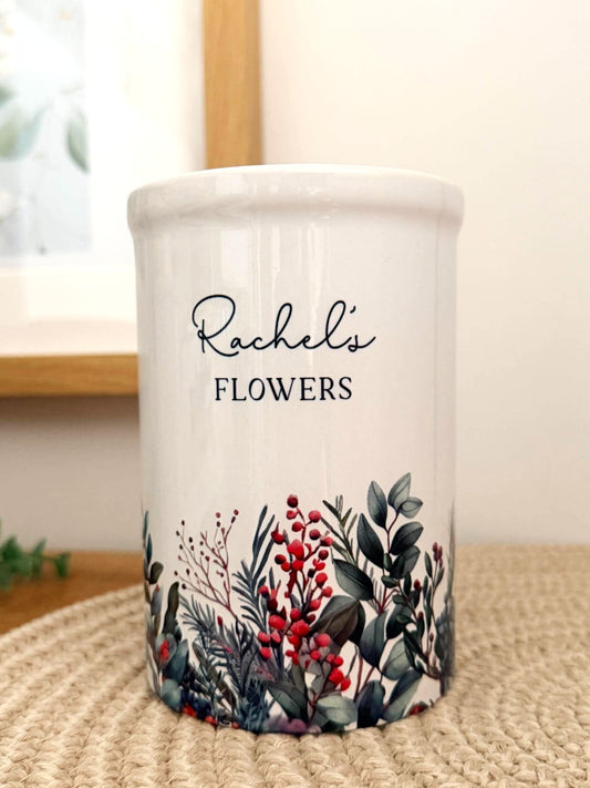 Personalised Ceramic Vase, Christmas Berry & Foliage Design, Custom Text Gift for Mum or Friend