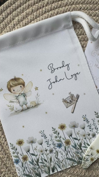 Personalised Tooth Boys Fairy Bag, Chart & Coin Holder Set, Custom Tooth Loss Keepsake, Tooth Fairy Gift Set with Pouch