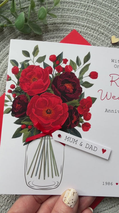 Personalised Anniversary Card, Handmade Ruby Floral Wedding Anniversary For Mum Dad Grandparents Friends, Any Years