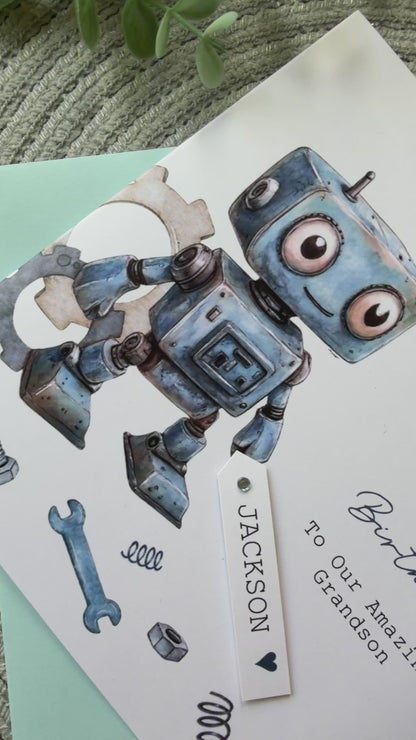 Personalised Robot Birthday Card,  Any Age Children's Card for Son, Grandson, Friend, Nephew etc with Custom Name Tag