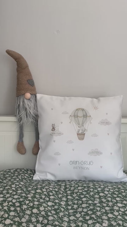 Personalised New Baby Keepsake Cushion featuring baby details - Hot Air Balloon Themed - Neutral Decor