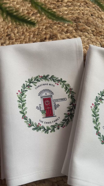 Personalised Christmas Tea Towel; Christmas Front Door with address details