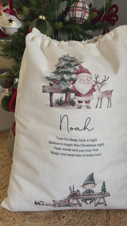 Personalised Christmas Sack or Basket with Child’s Name – Santa & Reindeer
