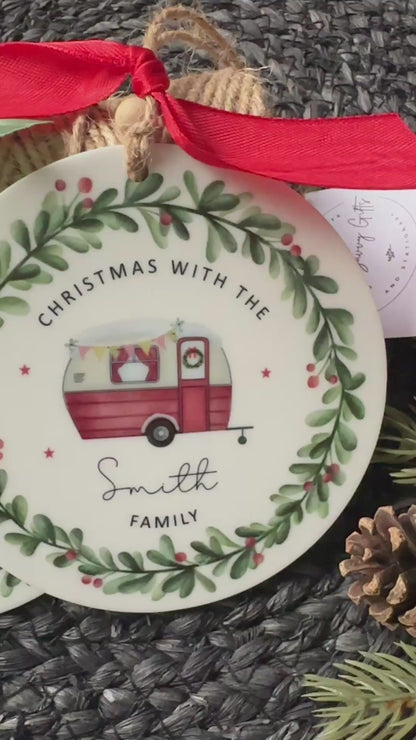 Personalised Caravan Christmas Decoration; Custom Ornament with Wreath