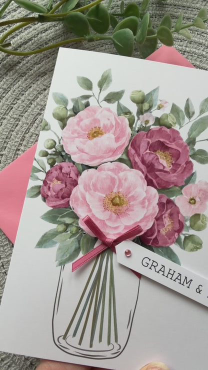 Personalised Handmade Anniversary Card – Pink Floral Bouquet with Custom Name Tag
