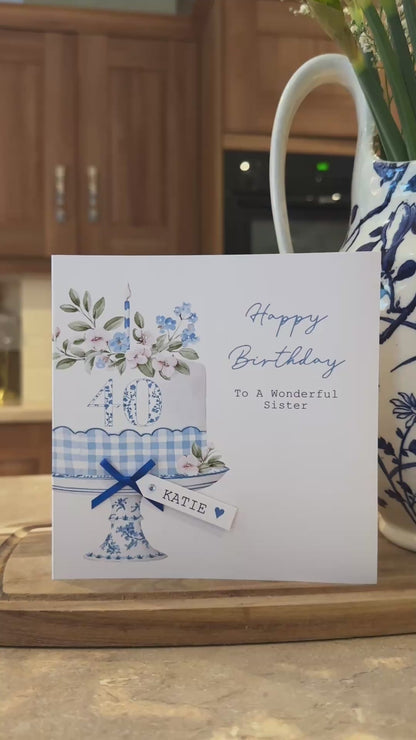 Personalised Milestone Happy Birthday Card; Blue Floral Cake With Mini Name Tag and Age