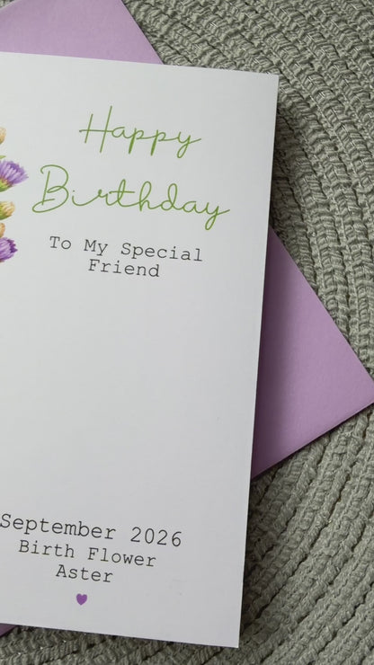 Personalised September Birthday Flower Card - Purple Aster