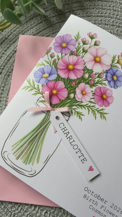 Personalised October Birthday Flower Card - Pink and Purple Cosmos