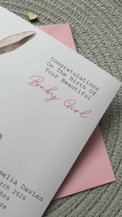 Personalised New Baby Girl Card, Floral Bunny Handmade Card with Custom Name Tag