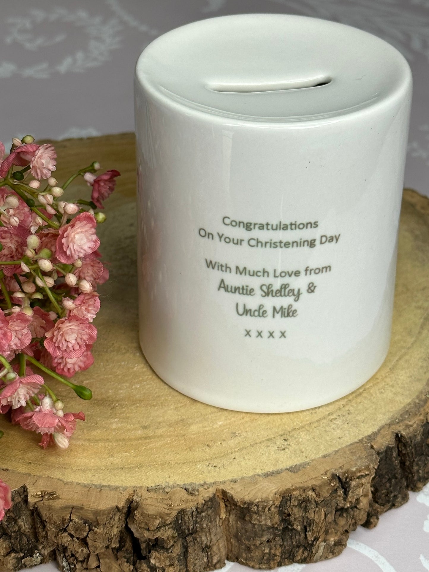 Personalised Ceramic Money Box - New Baby, Christening, First Birthday - Woodland Animals