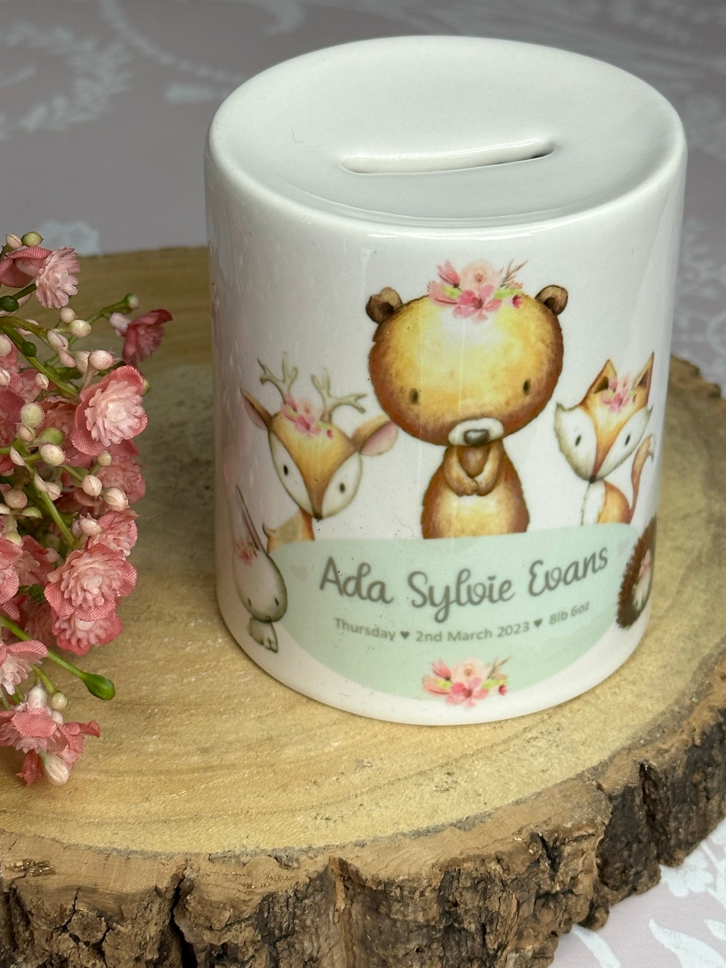 Personalised Ceramic Money Box - New Baby, Christening, First Birthday - Woodland Animals