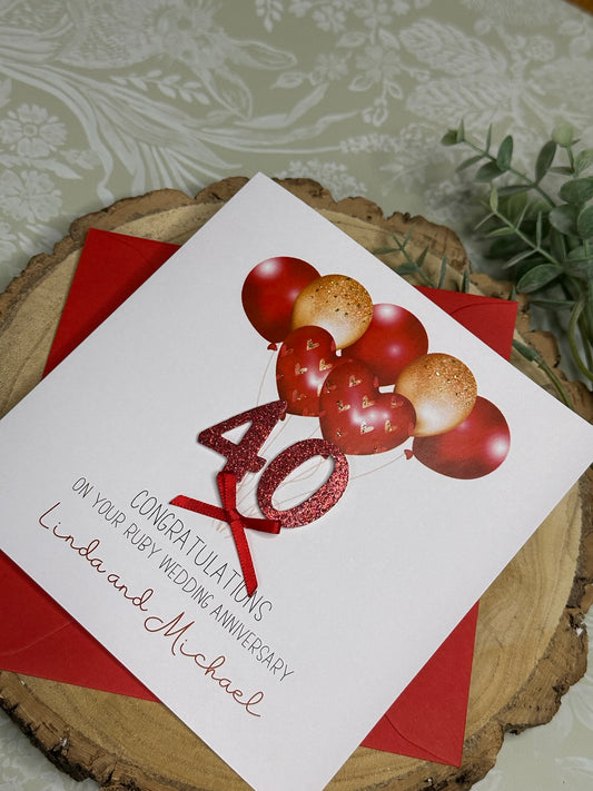 Personalised Anniversary Card - 40 Years - Ruby Anniversary - Any Names