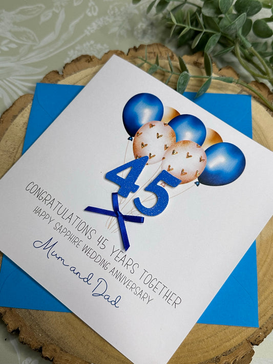 Personalised Anniversary Card - 45 Years - Sapphire Anniversary - Any Names