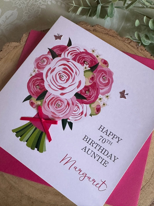 Personalised Birthday Card - Pink Bouquet - Any Relation - Mum, Auntie, Wife, Sister, friend