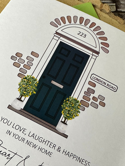 Personalised Handmade New Home card - Front Door and Address - Congratulations and Good Luck