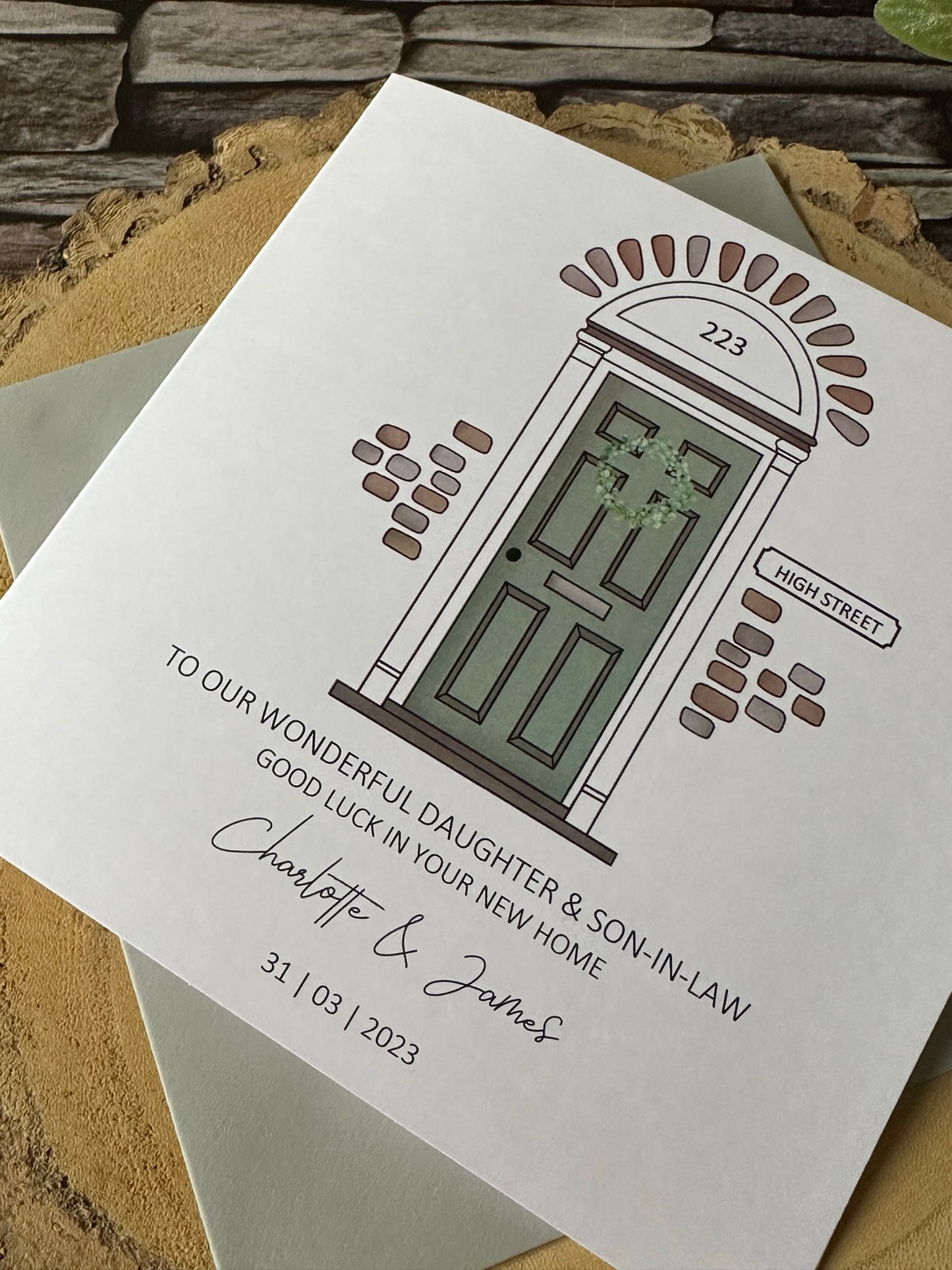 Personalised Handmade New Home card - Front Door and Address - Congratulations and Good Luck